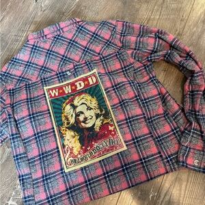 Pink and Blue Plaid Flannel Shirt with Graphic